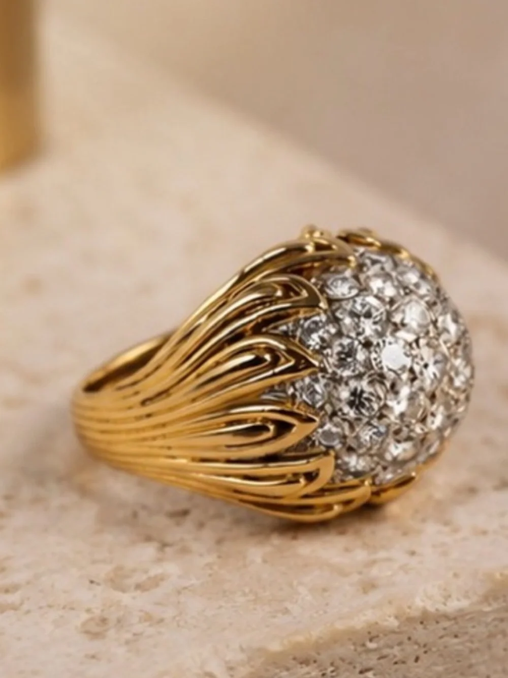 Vintage Golden Pavo Dome Ring with Clear Crystals